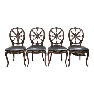 Early 1900s Antique Italian Neoclassical Pinwheel Carved Mahogany Dining Chairs - Set of 4 For Sale