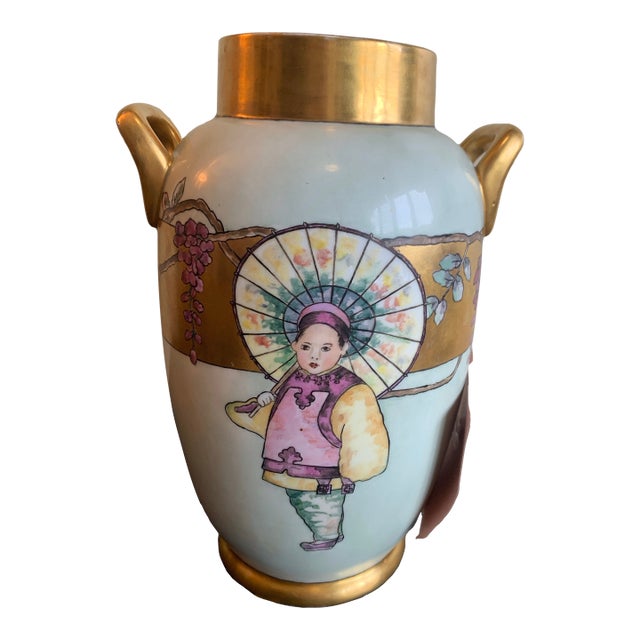 Antique Vintage Limoges Porcelain 2 Handled Vase Chinese Child With Her Umbrella Circa 1920 For Sale