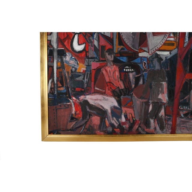Textile Mid Century Modernist Mechanical Painting on Canvas of the Port of Caen, France For Sale - Image 7 of 10