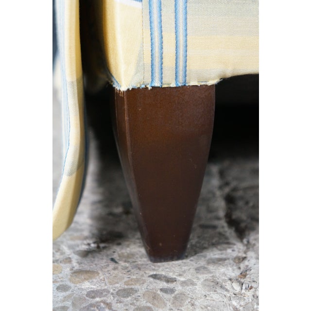 Wood Vintage Swaim Yellow & Blue Plaid Down Filled Library Club Skirted Arm Chair For Sale - Image 7 of 18