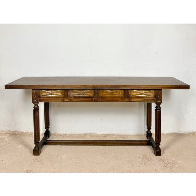 Versatile Spanish drop-leaf console table, featuring a beautifully carved apron with geometric motifs and turned legs...