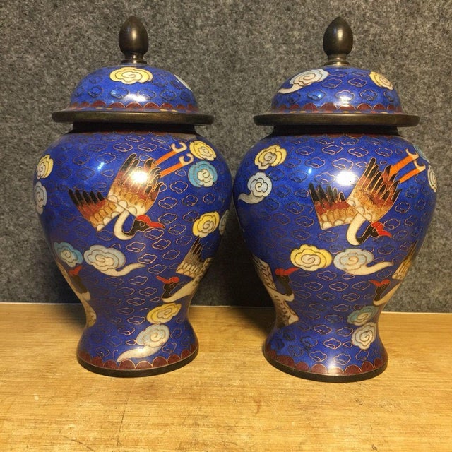 Chinese Pair of Small Chinese Cloisonné Enamel Crane & Cloud Jars With Lids - 8" Tall For Sale - Image 3 of 9