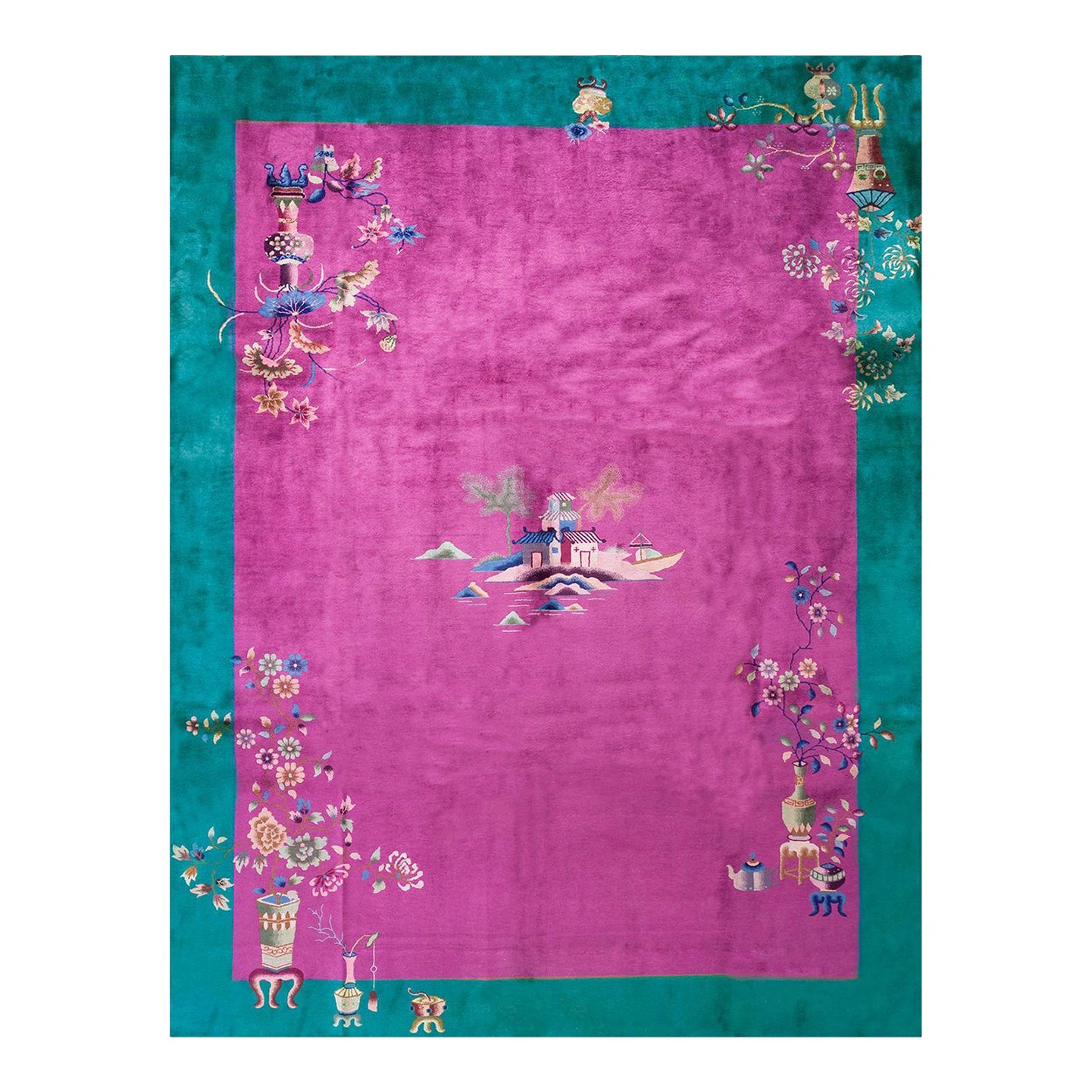 1920s Pink Blush Floral Antique Chinese Deco Rug 8'10