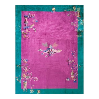 1920s Pink Blush Floral Antique Chinese Deco Rug 8'10" X 11'4 Handknotted Wool Carpet For Sale