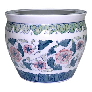 Vintage Chinese Porcelain Green, Blue and White Floral Fishbowl Planter 10" For Sale