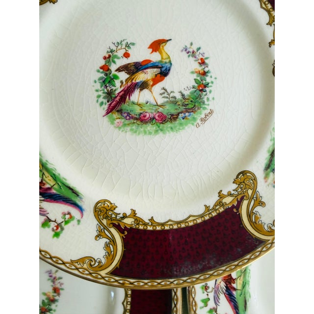 Ceramic 1930s Myott Staffordshire Chelsea Bird Salad Plates Burgundy Gold English China - Set of Eight (8) 7 7/8” For Sale - Image 7 of 11