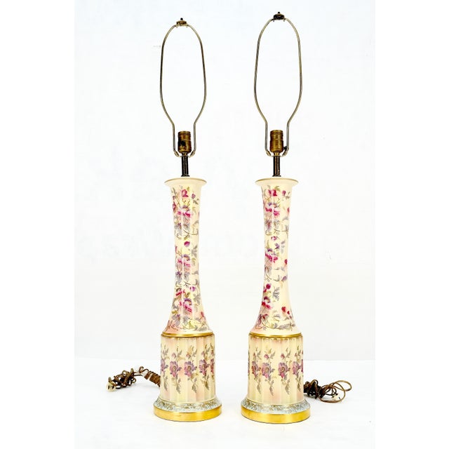 Ceramic Pair of 39" Tall Ceramic Hand Painted Round Tower Shape Table Lamps w/ Shades For Sale - Image 7 of 13