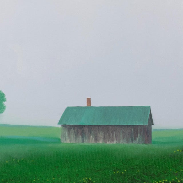 Contemporary Spring Morning by Michael Miller | Oil on Panel of a red barn in a green field with trees For Sale - Image 3 of 5