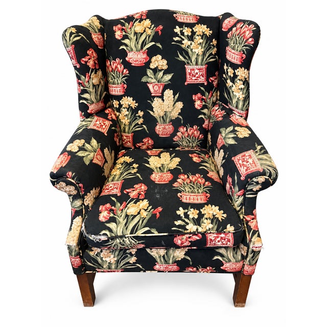 Late 20th Century Black Floral Chinoiserie Wingback Armchairs — A Pair For Sale - Image 15 of 16