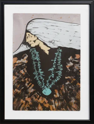 1981 Teal, Brown and White Toned Modernist Figurative Print of a Native Elder by Amado Maurilio Pena