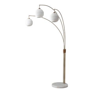 Nova of California Moraga 3 Light Arc Floor Lamp, Bone Porcelain, Weathered Brass & Walnut, 4-Way Rotary Switch, Marble Base For Sale