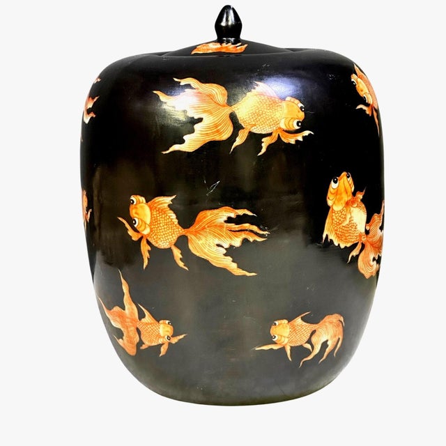 Ebony Black Noire Porcelain Ginger Jar - Goldfish Jiaqing Style For Sale - Image 8 of 10