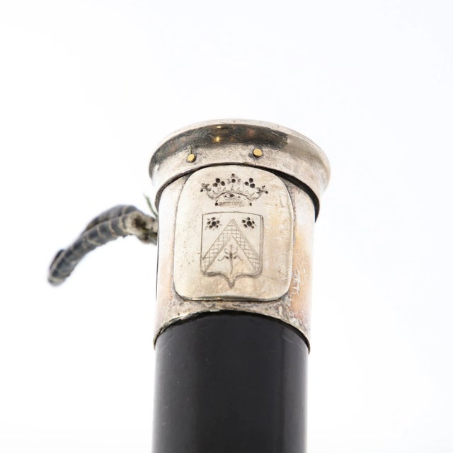 Victorian Classical Walking Stick in Ebonized Walnut & Sterling Pommel W/ Heraldic Crest For Sale - Image 3 of 8
