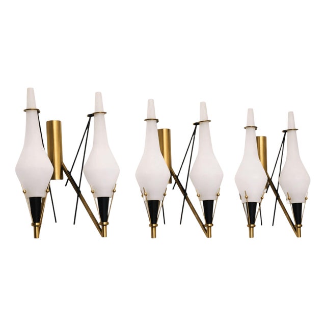 Vintage Opaline Glass and Brass Wall Lamps, 1960s, Set of 3 For Sale