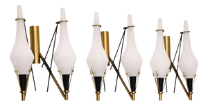 Vintage Opaline Glass and Brass Wall Lamps, 1960s, Set of 3