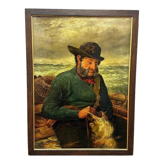 British Maritime 19th Century Oil Painting Cornish Fisherman With Catch by Richard Harry Carter For Sale