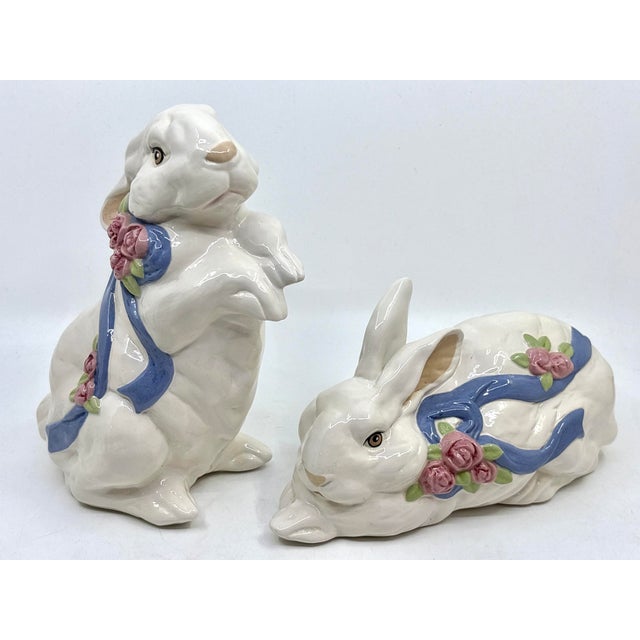Vintage floral rose and blue bow adorned bunny rabbit porcelain set. Two pieces Great pieces for tablescape or display.