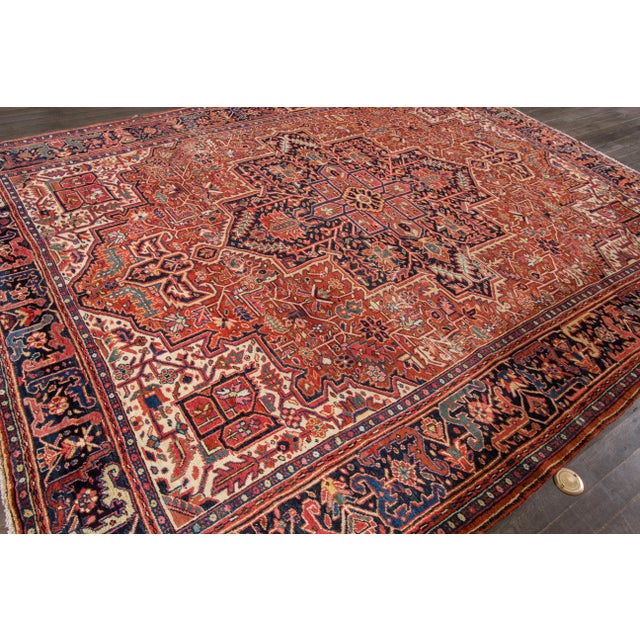 Blue 9 X 11 Vintage Persian Heriz Hand-Knotted Allover Wool Rug in Rust Color For Sale - Image 8 of 12