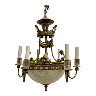Vintage Neo-Classical Style Metal & Faceted Glass Chandelier For Sale