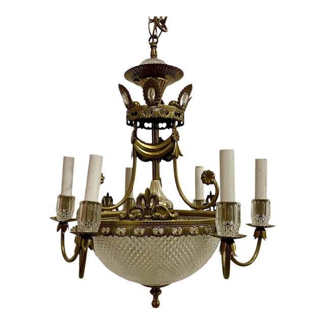 Vintage Neo-Classical Style Metal & Faceted Glass Chandelier For Sale