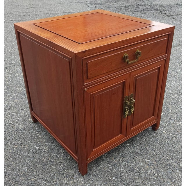 Tan Pair Mid 20th Century Ming Style Rosewood Side Table Cabinets With Protective Glass Top For Sale - Image 8 of 11