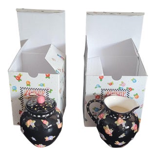 Vintage Mary Engelbreit Black Floral Cottage Collection Creamer Sugar Set 1998 - a Pair in Original Boxes For Sale