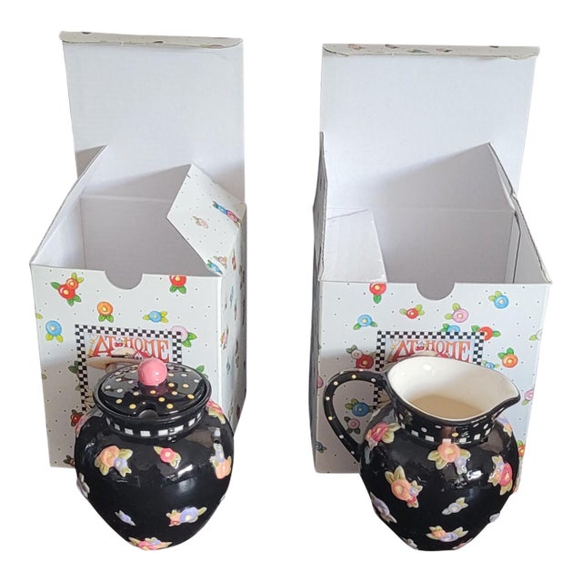 Vintage Mary Engelbreit Black Floral Cottage Collection Creamer Sugar Set 1998 - a Pair in Original Boxes For Sale
