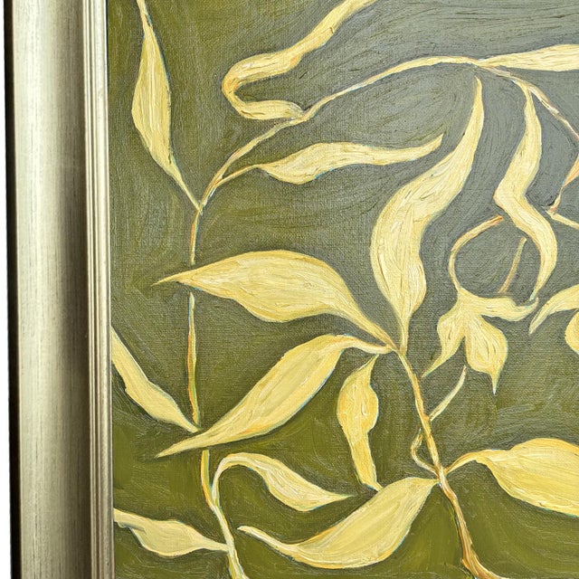 Original Botanical Leaf Painting in Brushed Gold Frame, Oil on Canvas, 14.5" X 14.5" by Tatiana Duperault For Sale - Image 4 of 5
