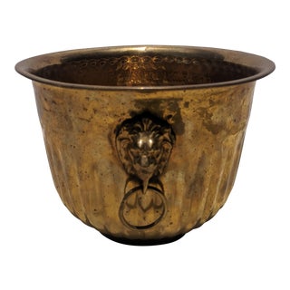 Vintage Hammered Brass Cachepot Jardiniere With Lion Head Ring Pulls For Sale