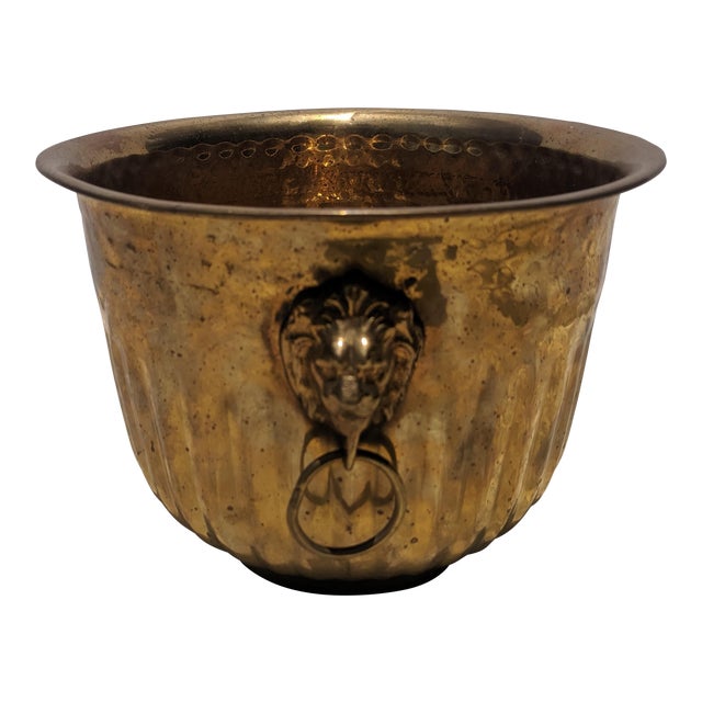 Vintage Hammered Brass Cachepot Jardiniere With Lion Head Ring Pulls For Sale