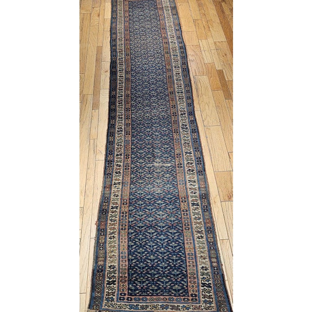 Vintage Persian Kurdish Runner Rug, Hand-Knotted Wool, All-Over Paisley Pattern, Blue & Green, 3x15 For Sale - Image 10 of 17