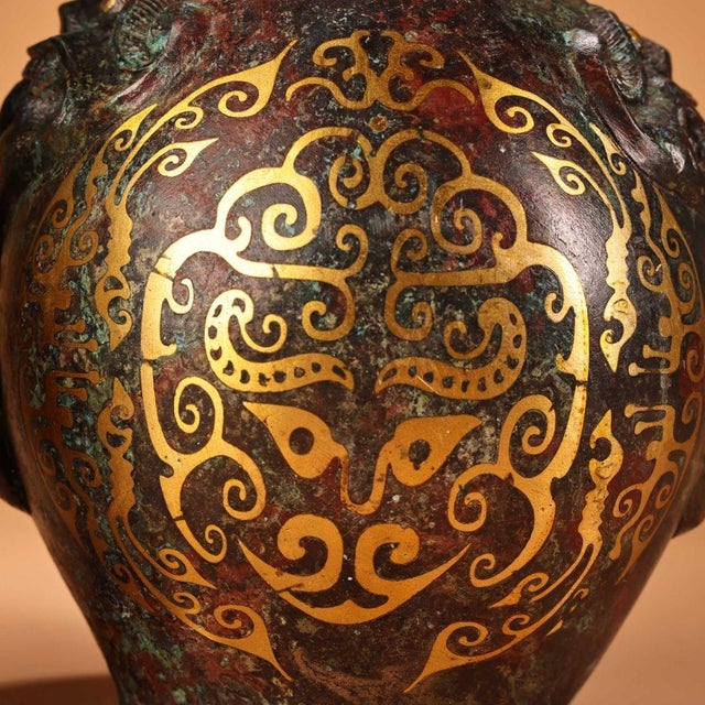 Pair of Vintage Bronze Jars With Gold Inlay – Archaistic Vessels, 5.3 LBS For Sale - Image 9 of 9