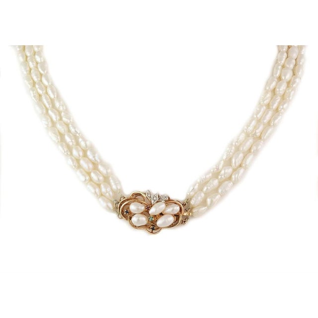 Contemporary Diamond & Gems 14k Gold Three Strand Freshwater Rice Pearls Necklace For Sale - Image 3 of 7