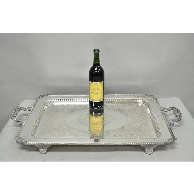 Vintage English Victorian Large Silver Plated Twin Handle Reticulated Serving Platter Butlers Tray Raised on Feet. Circa...