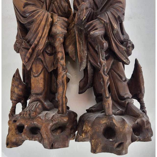 Pair of Large Antique Chinese Li Tieguai Carved Wood Figures W. Glass Eyes For Sale - Image 12 of 14