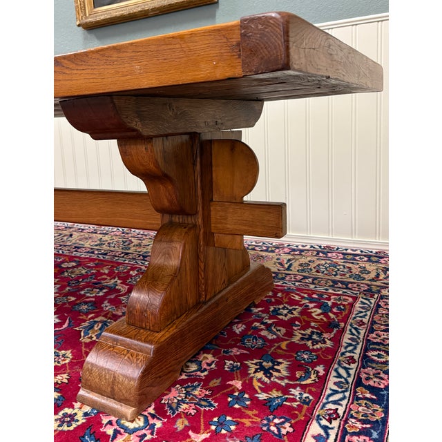 Wood Antique French Country Farm Dining Table Farmhouse Trestle Base Honey Oak For Sale - Image 7 of 17