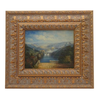 1980s European Valley Oil on Canvas City by River Painting - Signed For Sale
