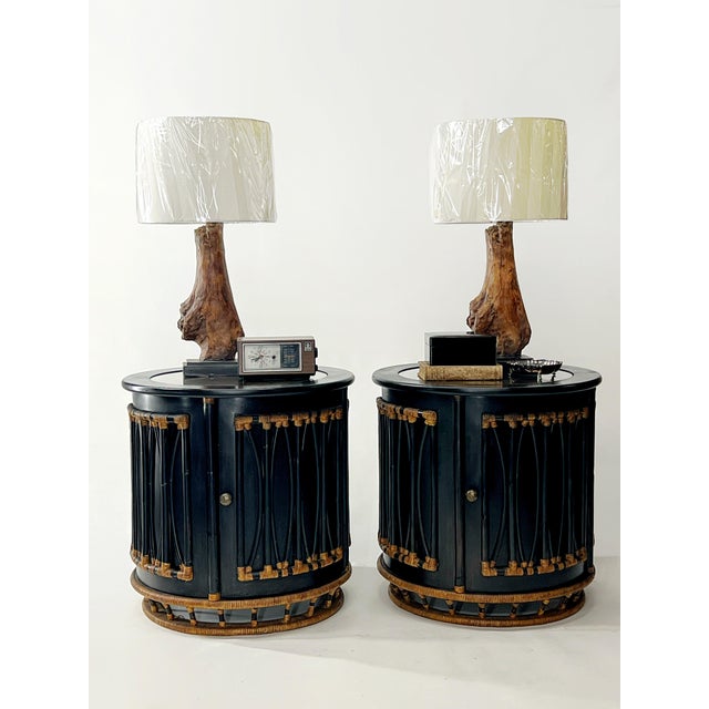 Pair of Oversized Round Bamboo and Rattan Nightstands or Accent Tables For Sale - Image 10 of 12