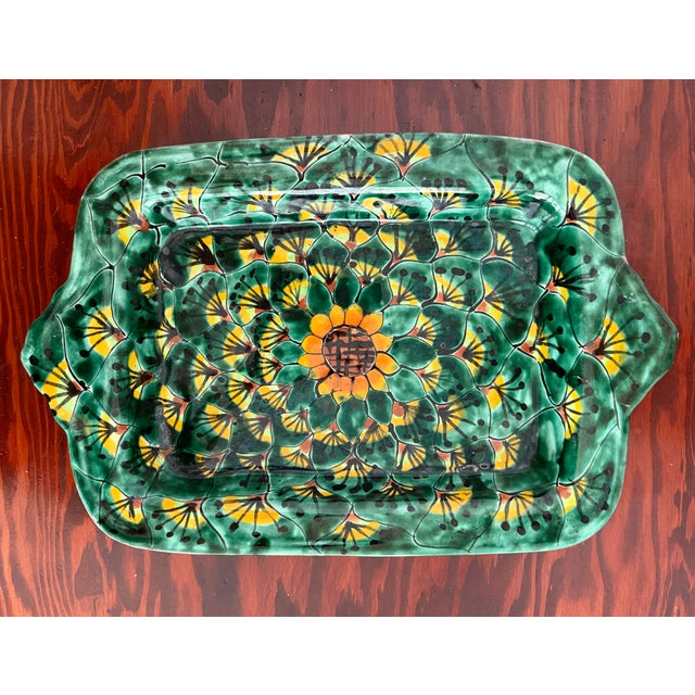 Ceramic Vintage Mexican Talavera Style Green Rectangular Dish With Sunflower For Sale - Image 7 of 7