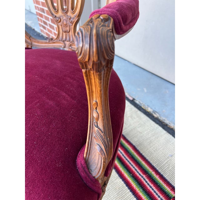 Wood Pair of French Louis XV Style Carved Fruitwood Bergere Arm Chairs, 1950’s For Sale - Image 7 of 12