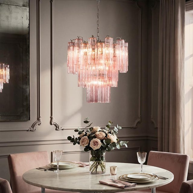 Aloadecor 23'' Modern Pink Textured Glass Chandelier in Polished Nickel Elegant Glam Tiered Pendant Light For Sale - Image 9 of 12