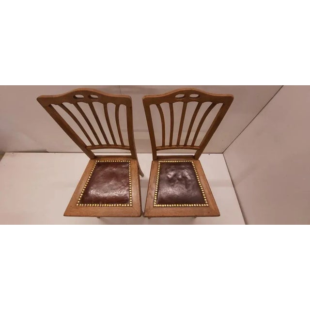 Set of Art Nouveau Chairs in Oak with Original Leather Seat For Sale - Image 3 of 8