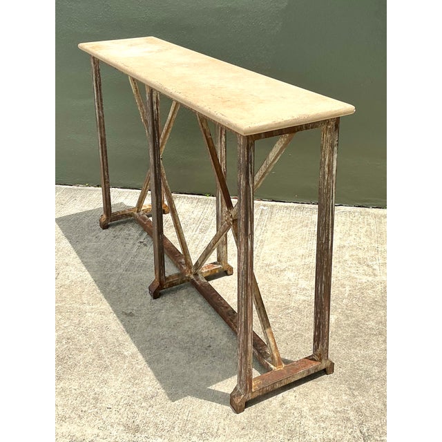 Vintage Patinated Metal and Stone Console Table For Sale - Image 4 of 12