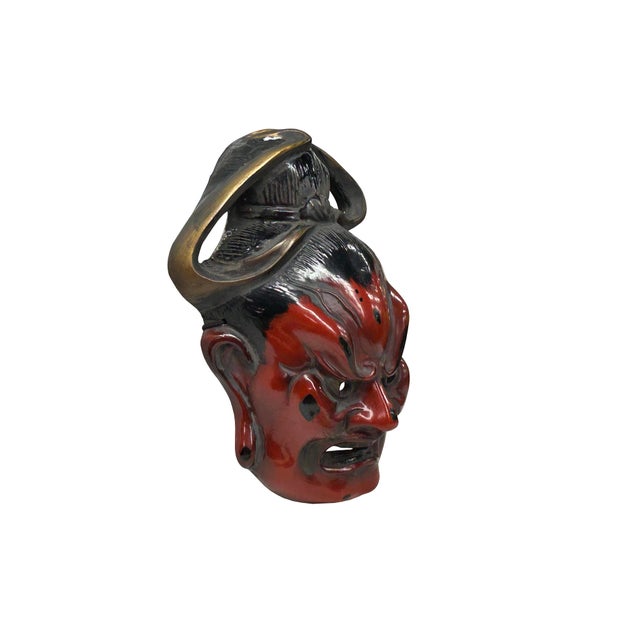 Vintage Asian Black Red Lacquer Demon Guardian Wood Mask Display Art For Sale - Image 4 of 9