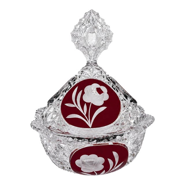 Vintage German Hofbauer Ruby Flashed & Etched Lead Crystal Covered Candy Dish With Rose Motif For Sale
