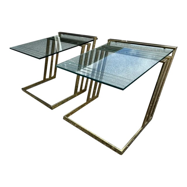 1980s Pair Brass Polished Flat Metal and Etched Striped Glass Top Coffee Table, For Sale