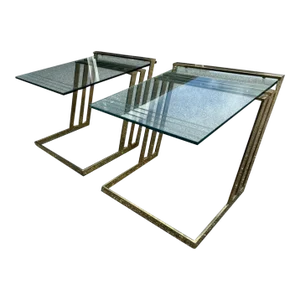 Polished Brass Flat Metal and Etched Striped Glass Top Coffee Table,