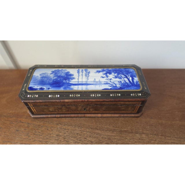 Antique Victorian Jewelry Box Blue Porcelain Landscape Inlay Mother of Pearl Marquetry Wood Trinket Casket For Sale - Image 4 of 14