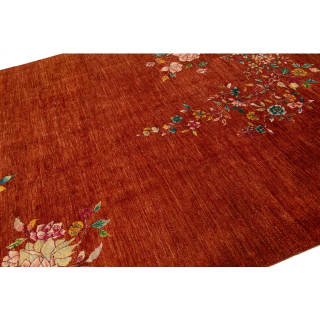 2020s Modern Chinese Style Wool Rug Handmade in Terracora Red Color With Floral Motif For Sale - Image 5 of 9