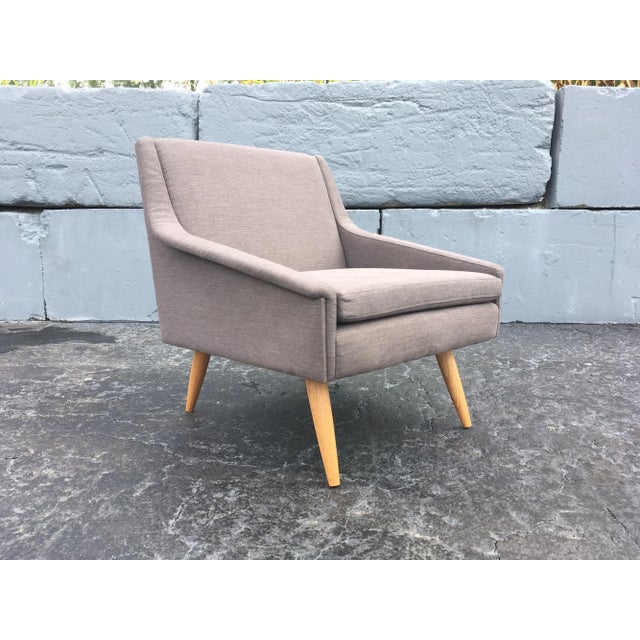 Mid-Century Modern Early 21st Century Danish Modern Gray Fabric & Oak Leg Lounge Chairs - A Pair For Sale - Image 3 of 13